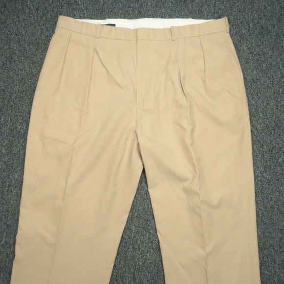 VINTAGE Polo Ralph Lauren Pants Men 42x30 Khaki Tan Silk Cotton Pleated Cuffed - Picture 2 of 10